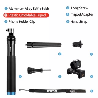 TELESIN Aluminum Selfie Stick for GoPro Hero ยาว 90 ซม. มาพร้อมกับชุดยึดมือถือ และขาตั้ง