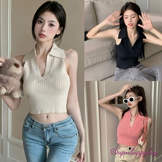 เสื้อครอปแขนกุด คอวี สีพื้น สําหรับผู้หญิง