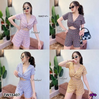 Set 2 ชิ้น ลายดอก เสื้อม้วนอก + กางเกงขาสั้น TT16407 Set of 2 pieces, floral pattern, shirt + shorts