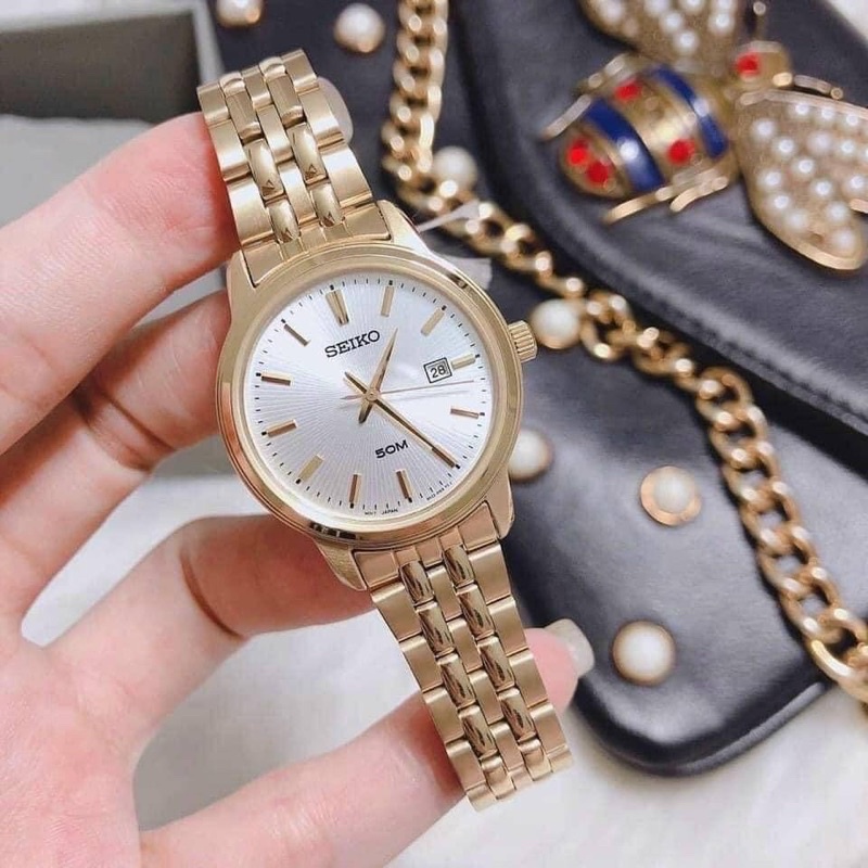 (ผ่อน0%) นาฬิกาหญิง  Seiko neo sports SUR660P1 Womens quartz watch ✔️สแตนเลส สีทอง หน้าปัดกลม 30 มม.