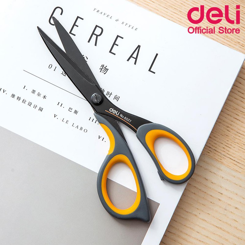 กรรไกรสแตนเลส Deli กรรไกร กรรไกรตัดกระดาษ ขนาด 175mm ปลายแหลม ใบมีดคม แข็งแรง คุณภาพดี เคลือบดำกันสนิม พร้อมส่ง