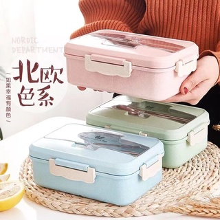 พร้องส่ง No.11006 กล่องข้าว กล่องข้าวฟางข้าวสาลี กล่องข้าวไมโครเวฟ กล่องใส่อาหาร พร้อมอุปกรณ์ช้อนตะเกียบสแตนเลส