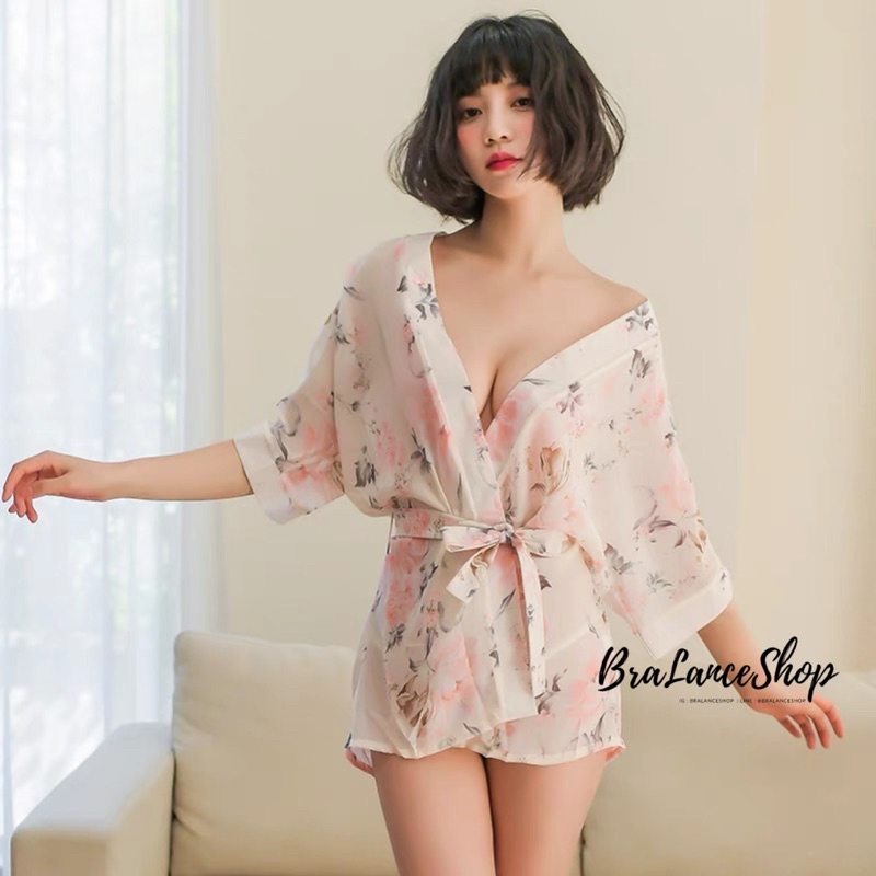 BLS✿8351 ชุดคอสเพลย์ กิโมโน สไตล์เสื้อคลุมผูกเอว ผ้าชีฟองพิมพ์ลายดอก สวยตรงปก💯 📮จากไทย