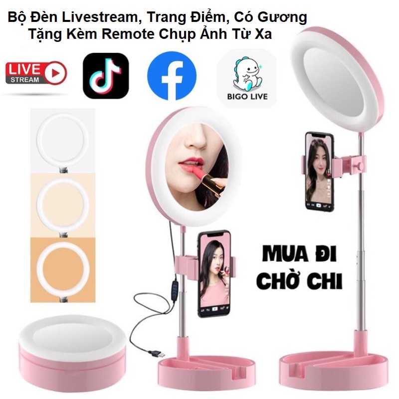 ไฟไลฟ์สตรีมแบบพับได้ ไฟ นํา ไฟปรับได้ 3 สี พร้อมกระจกแต่งหน้า Livestream, Tiktok, Bigo, FB