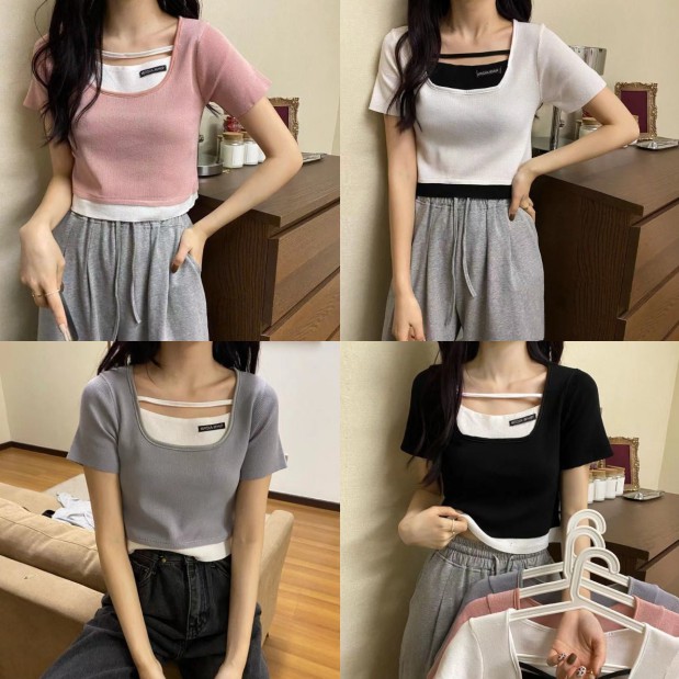 Yuki-CF0422 เสื้อไหมพรมแขนสั้น คอยูกว้าง แบบเหมือน 2 ชิ้น สีทูโทนสุดฮิต