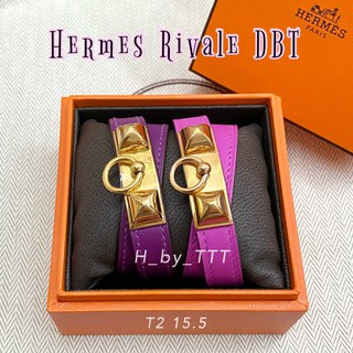 H ermes Rivale DoubleTour Bracelet กำไลหนังพันสองรอบ leather bracelet  สีชมพู ม่วง  หัวทอง  ขนาด T2 (15.5 cm) ของแท้