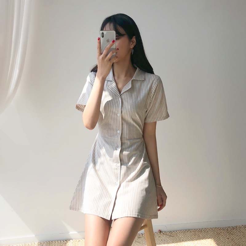 มินิเดรสสั้นลายทางคอปกเชิ้ต เดรสผูกเอว