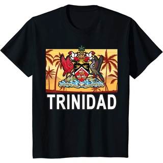 เสื้อยืดผ้าฝ้ายพิมพ์ลาย เสื้อยืดคอกลม ผ้าฝ้าย พิมพ์ลาย Palm Trees with National Coat of Arms of Trinidad แฟชั่นคลาสสิก ส