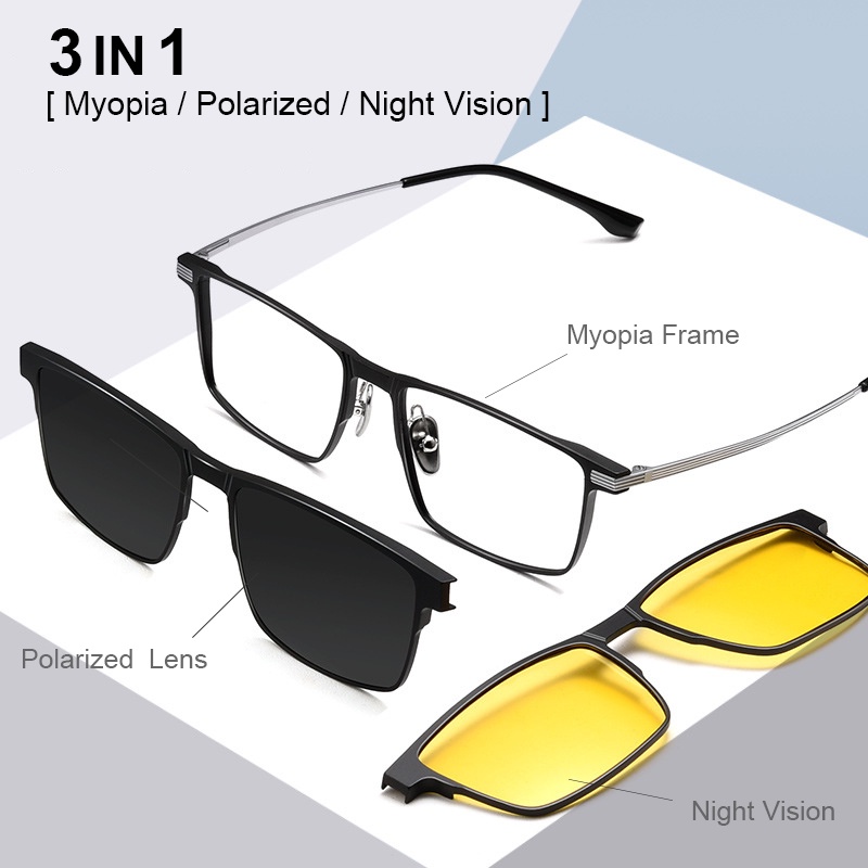 3 in 1 อลูมิเนียมแมกนีเซียมกรอบแว่นตาผู้ชายกรอบสแควร์ Night Vision แว่นตากันแดดโพลาไรซ์ 2 ชิ้นแม่เหล็กดูดซับคลิปเลนส์