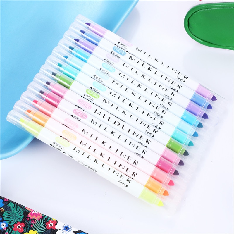 12 ชิ้น Double Headed ปากกาเรืองแสงน่ารัก Art Highlighter Drawing Mark ปากกาเครื่องเขียนอุปกรณ์การเรียน
