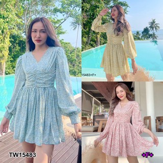 TwinsShopVip💗พร้อมส่ง TW15483 เดรสแขนยาวไหล่ย่นพิมลายดอกไม้