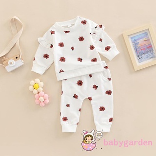 Babygarden-0-24 เดือน ชุดเสื้อแขนยาว คอกลม พิมพ์ลายดอกไม้ และกางเกงขายาว เอวยางยืด มีกระเป๋าด้านข้าง สําหรับเด็กผู้หญิง 2 ชิ้น ต่อชุด