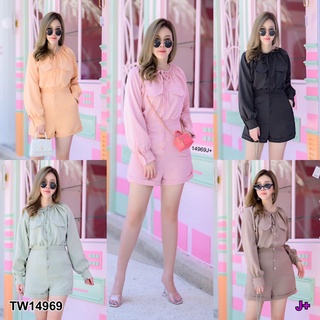 J14969 จั๊มสูทขาสั้น #สาวอวบ แขนยาว กระดุมหน้า คอผูกเชือก short jumpsuit Long sleeves, button front, lace-up neckline