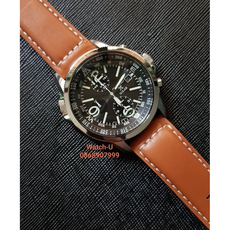 นาฬิกาข้อมือผู้ชาย สายหนังสีน้ำตาล SEIKO Solar Chronograph Men's watch รุ่น SSC081P1 SEIKO PAM