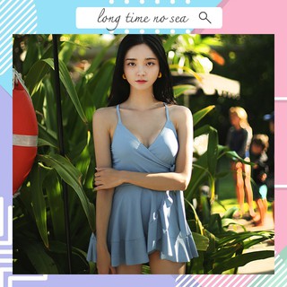 🌊🇹🇭 ชุดว่ายน้ำวันพีชสายเดี่ยว แบบกระโปรงสีฟ้า Sky blue  รุ่น Bow One Piece Swimsuit Dress