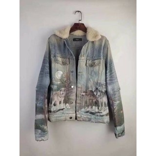 AMIRI SHEARLING DISTRESSED WOLVES PRINT DENIM JACKET