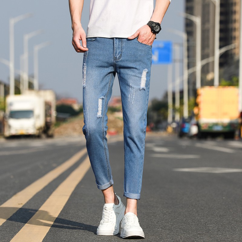 Summer new style ripped nine-point jeans Korean version of the trend of ...