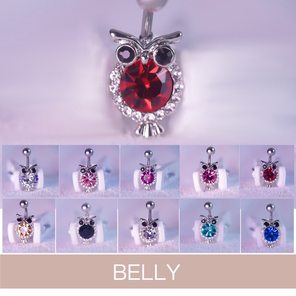 จิวสะดือ ลายนกฮูกเพชร หัวหมุด ก้านสแตนเลส<-Belly Button Ring Crystal Owl Stainless Steel->