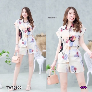 TW15900 Set 2 ชิ้น เสื้อเชิ้ตไหล่ล้ำแขนพับ ผ้าไหมอิตาลี่ พิมลายกราฟฟิก + กางเกงขาสั้น เอวสม็อคหลัง มีกระเป๋าล้วง 2 ข้าง