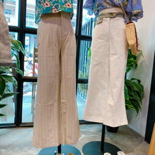 wide legs trouser stripe beige กางเกงขายาว