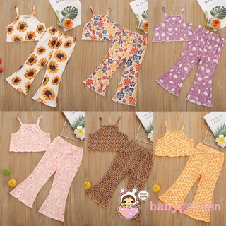 Babygarden- เสื้อครอปแขนกุดพิมพ์ลายดอกไม้ / เสือดาว + กางเกงขายาวสําหรับเด็กผู้หญิง