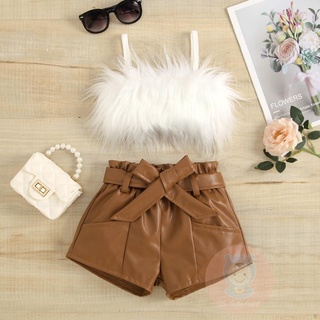 LAA6-2 Pcs Toddler Solid Color Outfits, Cropped Fluffy Fur Camisole + Belted Leather Shorts