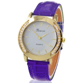 GENEVA Women Watch นาฬิกาข้อมือผู้หญิง หน้าปัดขาว ขอบทองเพชร สายหนังสีม่วง รุ่น YG-Purple