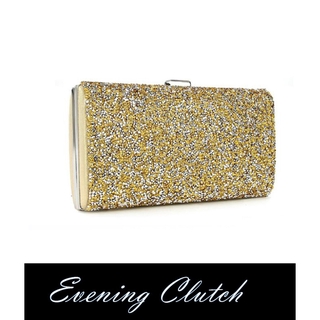 พร้อมส่ง Evening Clutch กระเป๋าออกงาน ทรงสี่เหลี่ยม พร้อมสายโซ่ยาว อัดคริสตัลเม็ดเล็ก สวยหรู สีทอง