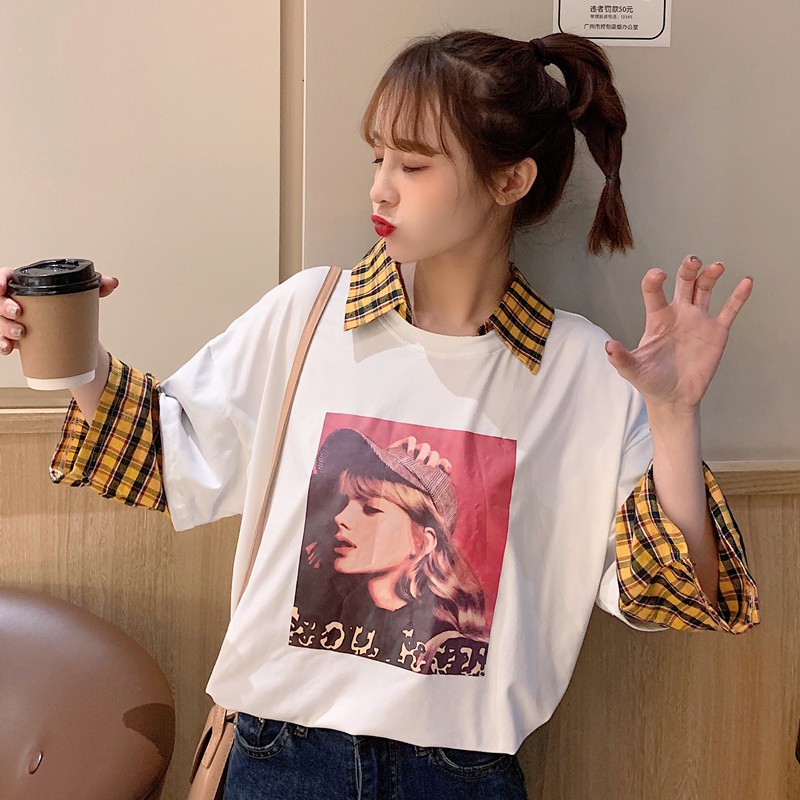 SUNDAY2020 เสื้อยืดแฟชั่นแขนต่อสองชั้นสไตล์เกาหลี ผ้านิ่มใส่สบาย