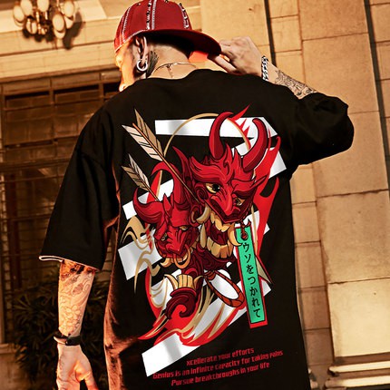 【 M-3XL 】 Lion dance พิมพ์เสื้อยืดลำลองสำหรับชายและหญิงขนาดใหญ่ฮิปฮอปลูกเรือคอข้อศอกความยาวเสื้อยืด 