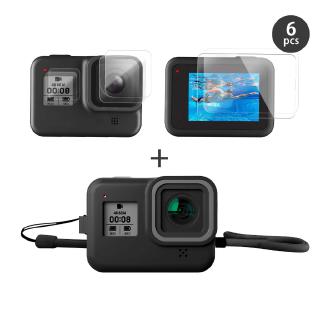 เคสยางซิลิโคน + ฟิล์มกันรอยหน้าจอ + ฟิล์มกันรอยหน้าจอ สําหรับ GoPro Hero 8 สีดํา