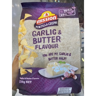 แผ่นแป้งข้าวโพด ทอดกรอบ รสเนยกระเทียม ตรา มิชชั่น 170 G. Tortilla Chips Garlic &amp; Butter Flavour ( Mission Brand ) ทอร์ทิลล่า ชิปส์ การ์ลิค แอนด์ บัตเตอร์ เฟลเวอร์