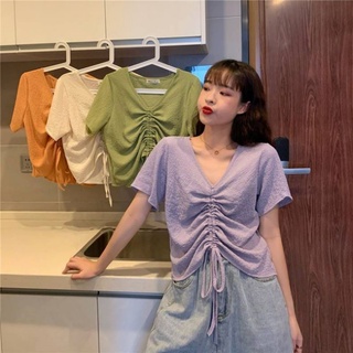 G150 เสื้อครอปไหมพรมแขนสั้น คอวีเปิดกว้าง แต่งย่นตรงกลางลำตัว พร้อมส่ง เสื้อแฟชั่น เสื้อยืด เสื้อครอปแฟชั่น เสื้อวัยรุ่น