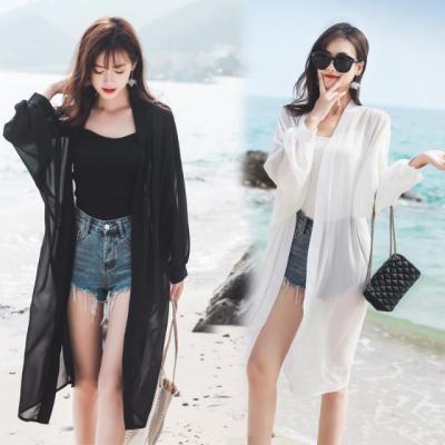 Dahong  เสื้อคลุมชีฟอง เสื้อคุม เสื้อคลุมยาว สวมใส่ไปทะเล  ✨ ใส่สบาย ดำ/ขาว W203/W214