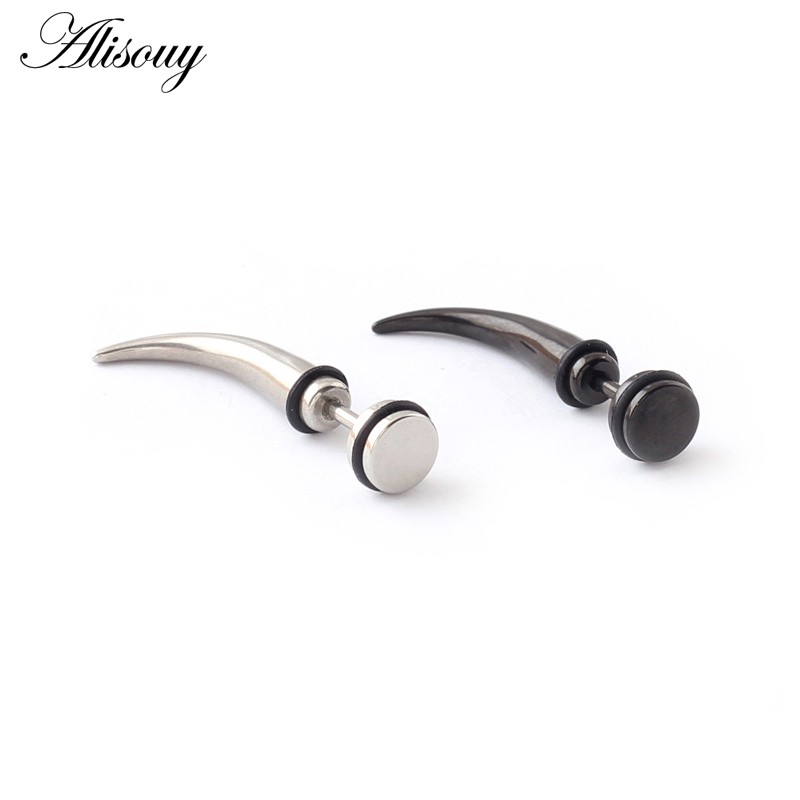 Alisouy 2PCS สร้อยข้อมือสแตนเลสลายแตรhorn spike tip สีดำ สำหรับทั้งผู้ชายและผู้หญิง
