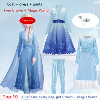 💥  พร้อมส่ง Disney Frozen 2 ชุดเอลซ่า2  Princess Aisha Dress Girls Princess Dress โค้ท+เดรส+เลคกิ้ง 3ชิ้น