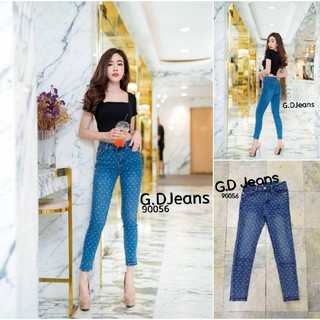 G.D.Jeans 90056#กางเกงยีนส์ขายาวผ้ายืดทรงเดฟสีเข้มพิมพ์ลายดอก