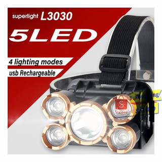 L-3030 ไฟฉายคาดหัวflashlight headlamp 5 LED Outdoor  Rechargeable usb