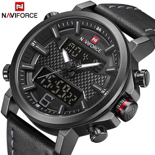 NAVIFORCE นาฬิกาข้อมือ แบบอะนาล็อก สายหนัง กันน้ำ LED แฟชั่นสำหรับผู้ชาย