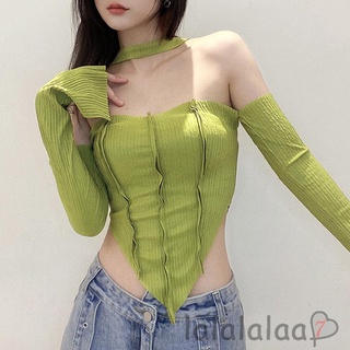 LAA7-Women´s Crop Tops, Halter Neck Off Shoulder Long Sleeve Solid Color Crop Tops for Young Ladies