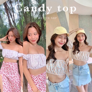 Petite♡︎ Candy top ปาดไหล่แขนสั้น ลายดอกสุดน่ารัก สไตล์เกาหลี