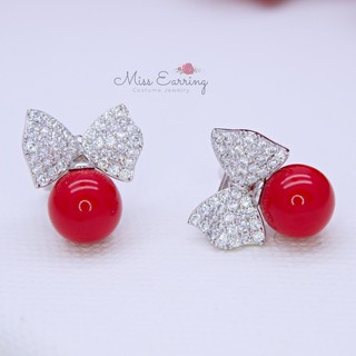 Miss Earring ต่างหูหนีบ CZ โบว์ Good girl ลูกปัดสีแดง