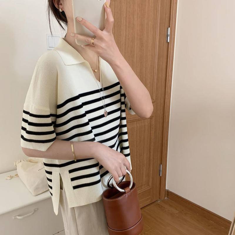 เสื้อโปโลแขนสั้น ผ้าเรยอนถัก ทรงหลวม ลายทาง แนวตรง แฟชั่นฤดูร้อน สําหรับผู้หญิง