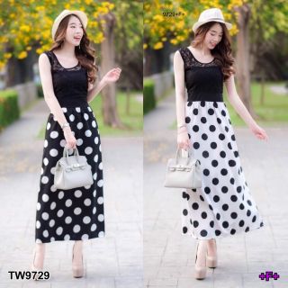 &lt;TW9729&gt;MaxiDress ชุดเดรสยาวแขนกุด เสื้อผ้าลูกไม้มีซับใน กระโปรงลายจุดเนื้อผ้าวูลพีช กระโปรงปล่อยพริ้วๆ