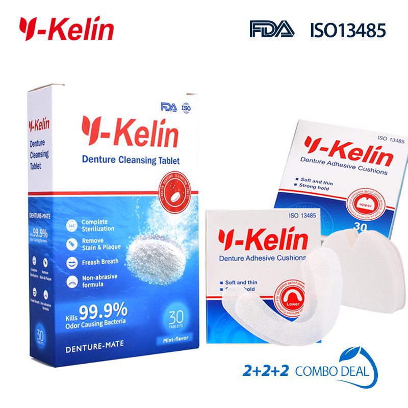 Y-kelin น้ํายาทําความสะอาดฟันปลอม 30s + เบาะกาวติดฟันปลอม 2 กล่อง
