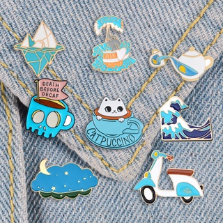 Sea Wave Enamel Pin Blue Cute Cat Coffee Cup Badge Brooches Iceberg Teapot Electric Car Lapel Pin Cartoon Jewelry Gift