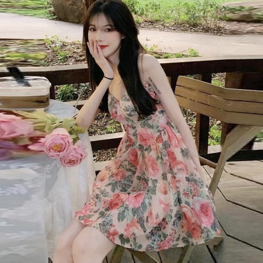 ส่งไว สต็อกไทย มินิเดรสสายเดี่ยวลายดอกกุหลาบโทนชมพูส้ม ทรงบาน