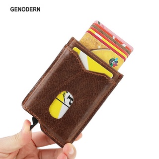 Genodern RFID กระเป๋าสตางค์อัจฉริยะ หนังวัวแท้ อลูมิเนียมอัลลอยด์ ป๊อปอัพอัตโนมัติ ใส่บัตรเครดิตได้ สําหรับผู้ชายและผู้หญิง