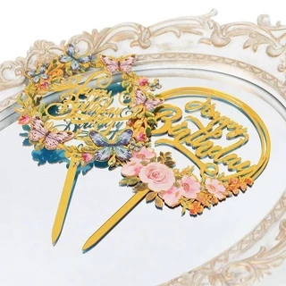 ป้ายวันเกิด ป้ายปักเค้กอะคริลิค ป้ายhappy birthday ดอกไม้ พิมพ์สี สีทอง