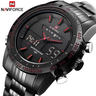 NAVIFORCE ผู้ชายนาฬิกาผู้ชายเหล็กเต็มควอตซ์ชั่วโมงนาฬิกาอนาล็อก LED นาฬิกาดิจิตอลกีฬาทหารนาฬิกาข้อมือ